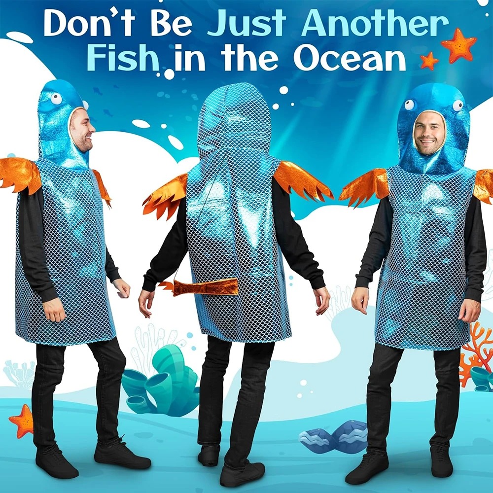Aquarium Fish Yellow - 光沢のある青い魚のコスチューム、メタリックな鱗模様プリントのゆったりとしたチュニック、3D魚の頭の形のフードと目玉の装飾、黄色いサイドフィン、海の生き物のコスプレ衣装、ハロウィンパーティー、学校の公演、水槽をテーマにしたイベント、カーニバル、海洋生物のロールプレイコスチューム